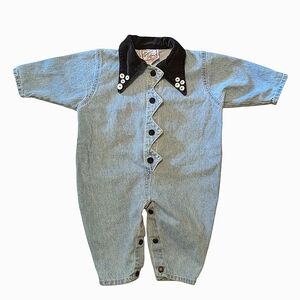 Vintage 6-9 Month Denim Baby Romper with Black Collar